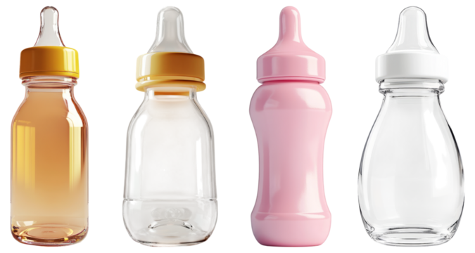 Variety of Baby Bottles in Different Colors and Materials, Isolated on Transparent Background - Powered by Adobe