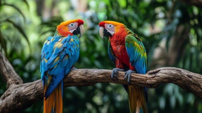 Two colorful parrots perched on branch in jungle