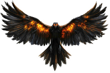 Fototapeta premium Majestic Black Bird with Flame-Like Wings Spreading Wide in Flight, Symbolizing Freedom, Power, and Mystical Beauty in Nature's Realm