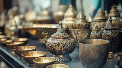 Ornate metal containers and teapots in market display