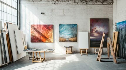 Fototapeta premium Modern art gallery with abstract paintings