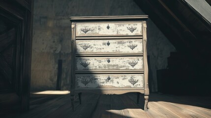 Antique Wooden Chest of Drawers in Rustic Setting with Sunlight Streaming In