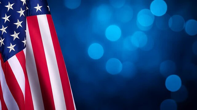 An american flag on a blue background. Flag of america waving in the wind. A glare of light blue on the background. A u. s. flag set against a blue backdrop lifestyle.