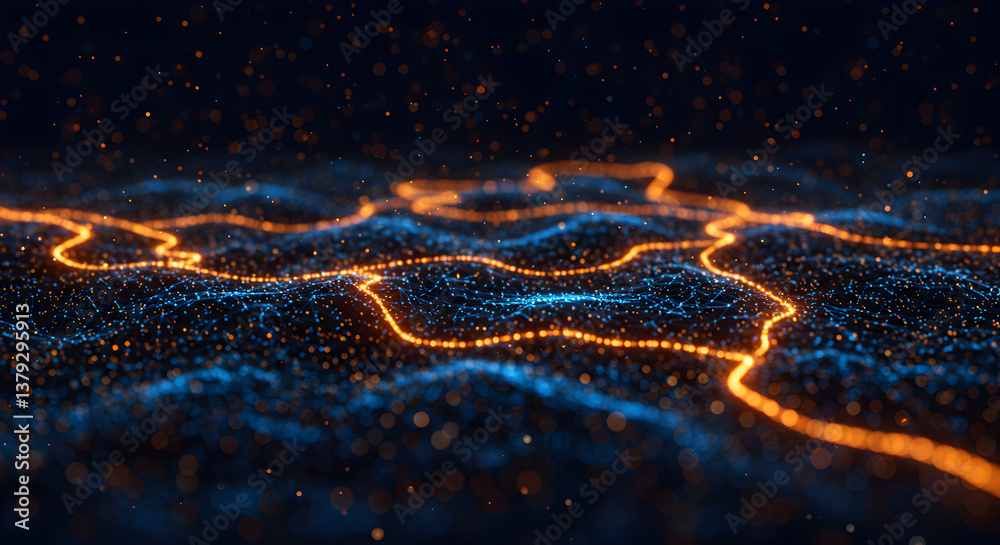 Poster abstract blue and orange wavy particle surface with glowing digital network connection and dynamic l