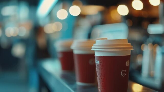 Three red disposable coffee cups with white lids sit on a metal counter in a busy cafe, condensation forming on their sides as customers move in the background