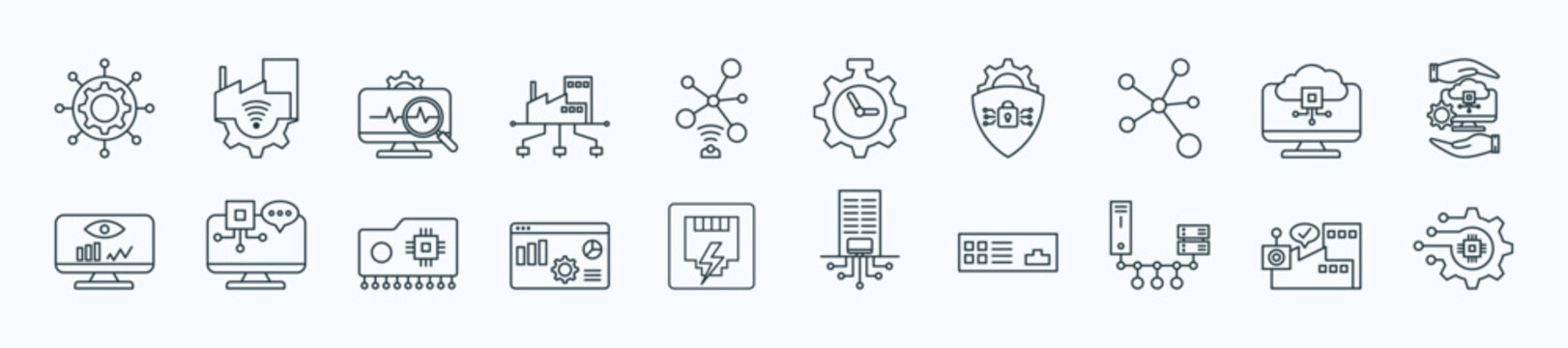 Industrial communication network thin icon set containing quality of service, wireless lan, monitoring system, cabling infrastructure, wireless sensor
