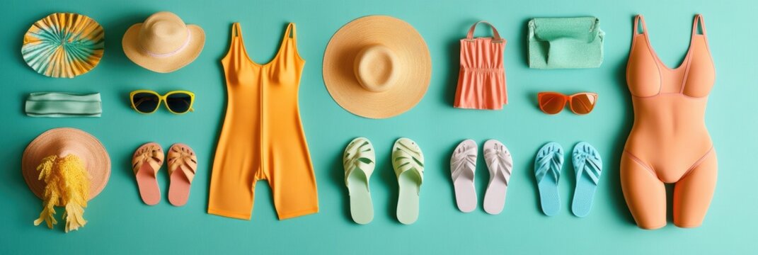 Vibrant summer capsule wardrobe featuring swimsuits, hats, flip-flops, and sunglasses with a tropical color palette for beach outings