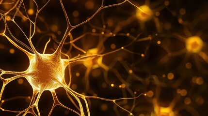 Close-up view of neurons in golden glow background