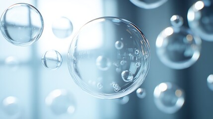 Macro Photography of Transparent Liquid Drops Merging with Bubbles on White Background for Skincare Serum Concept