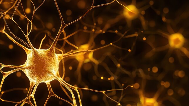 Close-up view of neurons in golden glow background