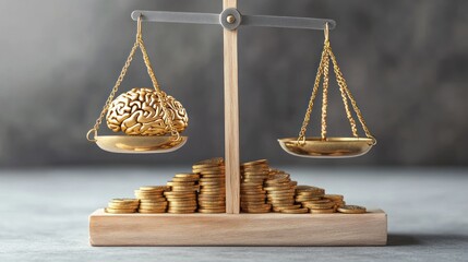 The Value of Intelligence: A Golden Brain Balanced Against a Pile of Coins