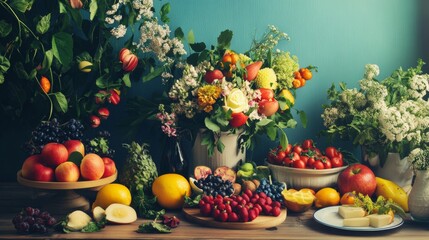 Colorful fruits and flowers on table