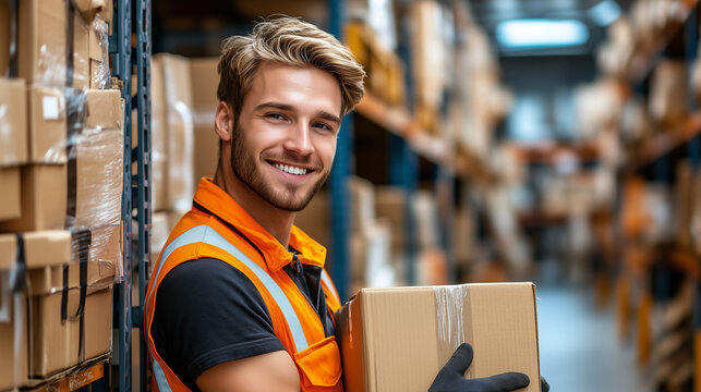 A happy worker in an orange safety uniform, smiling and lifting boxes or packages in a warehouse or factory setting. The scene should show him carrying items with ease and enthusiasm, surrounded by sh