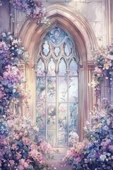 A beautiful arched window frame covered in blossoming flowers gracefully