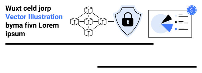 Blockchain nodes, shield with lock icon, and analytical chart emphasize data protection, cybersecurity, and financial analysis. Ideal for blockchain, finance, tech, security analytics education