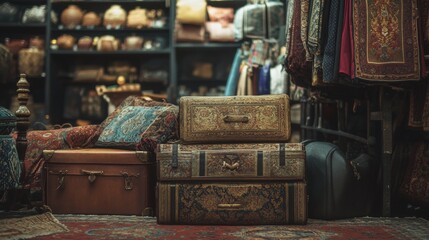 Antique store interior with vintage trunks and carpets