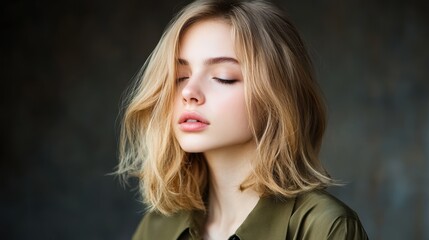 Naklejka premium A serene portrait of a young woman with soft waves in her hair and closed eyes, exuding a sense of calm and introspection, Ideal for beauty, wellness, or fashion-related projects,