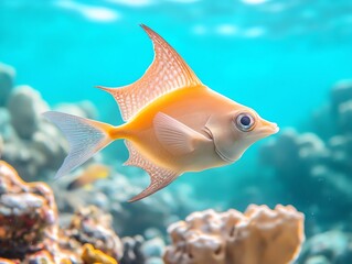 Fototapeta premium Swimming Orange Fish Exploring Ocean Coral Reef and Turquoise Water