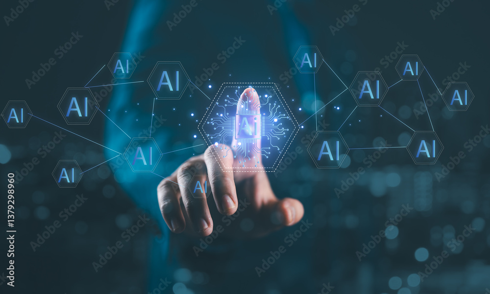 Poster Multi agent AI systems, Businessman holding AI agents, AI driven solutions streamline workflows, Decision, Automate repetitive work, Automate daily Tasks Smart AI solutions improve efficiency,