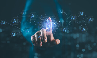 Multi agent AI systems, Businessman holding AI agents, AI driven solutions streamline workflows,...