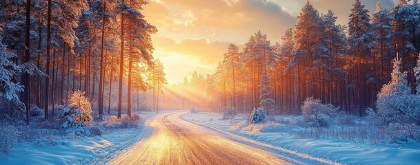Winter Road Through Pine Forest at Sunset