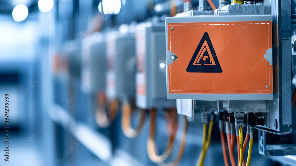 Poster close up view of an orange warning sign on an industrial electrical panel emphasizing the importance