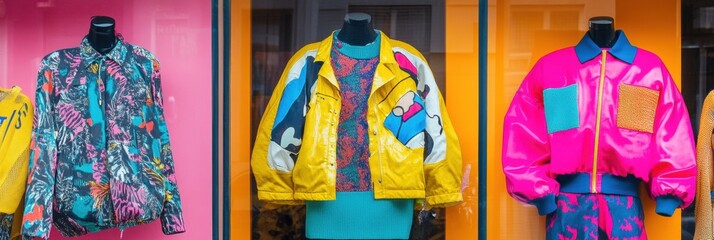 Vintage boutique window displaying bold 80s-style outfits with colorful patterns and reflective materials in a retro pop style