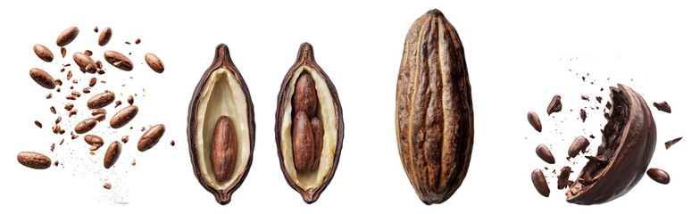 Diverse Cocoa Beans and Pods on Display for Chocolate Crafting, Isolated on Transparent Background