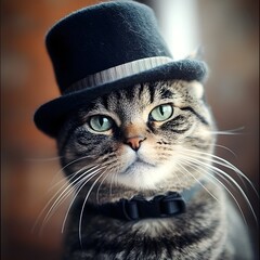 A close up portrait of an elegant domestic cat wearing a stylish black hat creating a whimsical and captivating visual