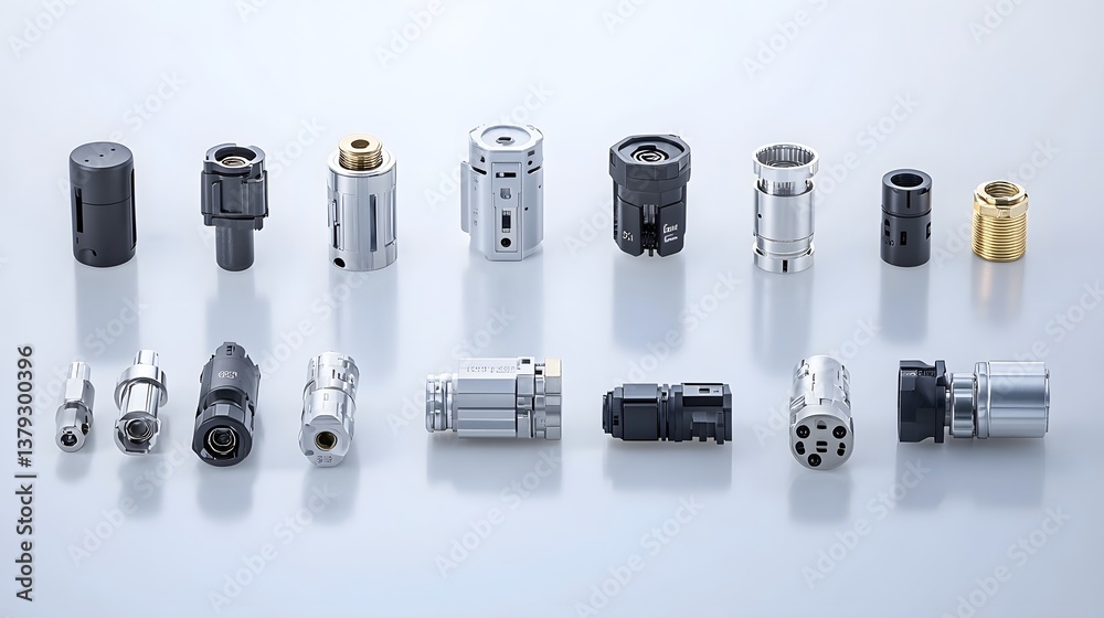 Fototapete a collection of various metal power line connectors and utility equipment components neatly displaye