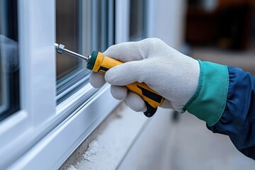 Worker Repairing Modern White Window Frame Using Screwdriver