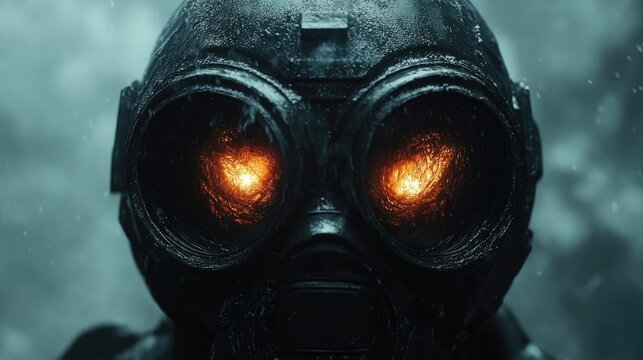 A menacing creature with glowing red eyes is encased in a weathered shabby helmet for the design of horror, sci-fi concepts and dark fantasy themes. - Powered by Adobe