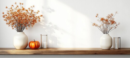 Autumn decor shelf pumpkin candles vases fall colors white wall wooden background home decor