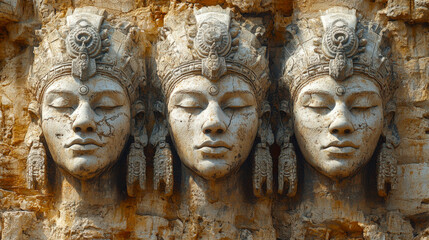 Brahma sculpture depicting three serene and intricately detailed faces set against a textured stone background