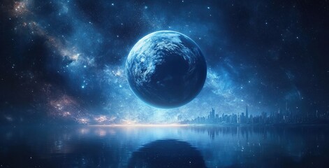 Fototapeta premium Earth and Distant Planet in Space with Stars and Light