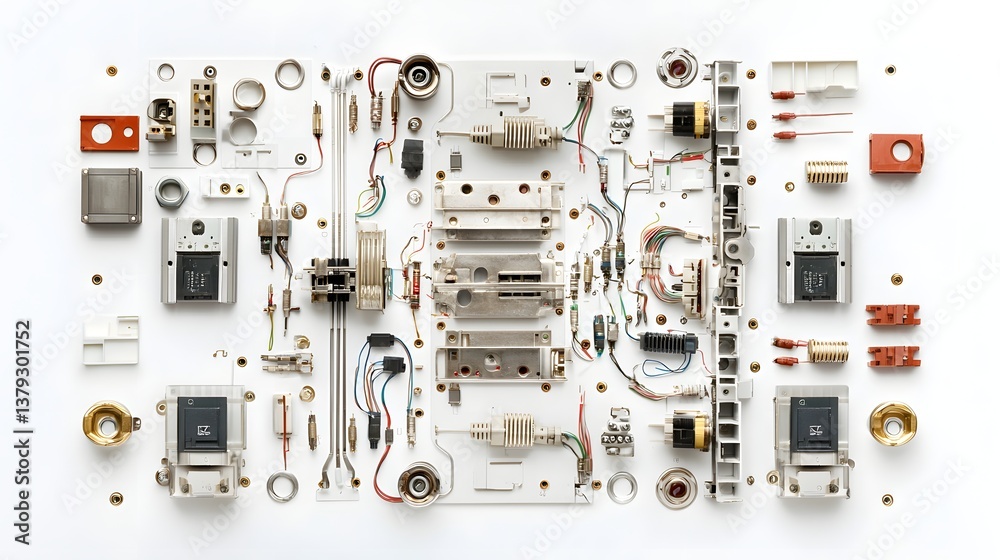 Poster An array of various electrical and mechanical components that make up a high voltage circuit breaker system neatly arranged on a plain white surface