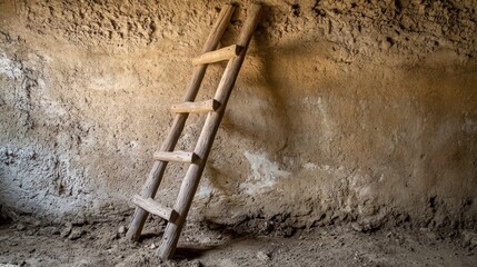 Wooden Ladder Leaning Against Textured Wall Rustic Interior Design Element for Vintage and His