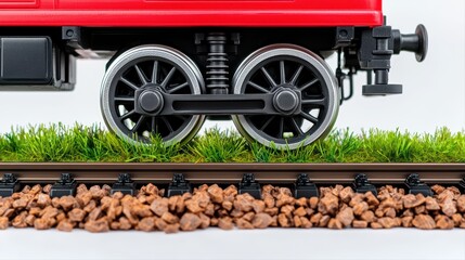 Naklejka premium Model train wheel on grass and railway track