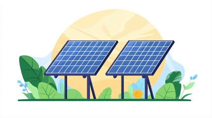 Solar panels in nature with bright sunshine background
