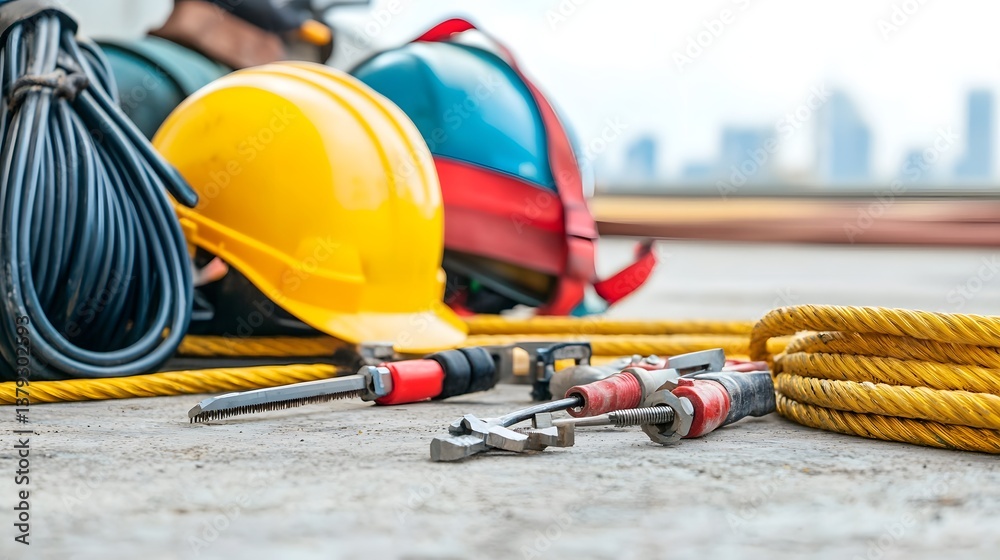 Leinwandbilder an assortment of specialized tools including wire clamps pliers and ropes used for tensioning and in