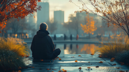 Meditative moment by the lake in a bustling city during autumn twilight