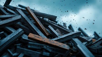 Abstract pile of wooden planks with flying debris
