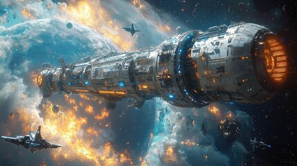 A massive sci-fi spaceship flying near a burning planet, followed by smaller ships in space. Suitable for use in sci-fi posters, concept art, or digital wallpapers