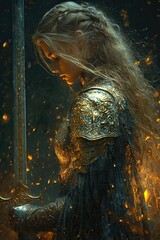 A female warrior in detailed golden armor, holding a sword, surrounded by glowing embers. Suitable for character concept art, book cover, or fantasy-themed poster