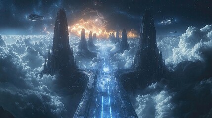 A futuristic space city with towering black structures rising above clouds, spaceships in the sky. Ideal for sci-fi backgrounds, posters, or cinematic visuals