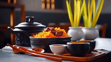 A vibrant plate of spiced rice with tender meat, served in a cozy dining setting with plants