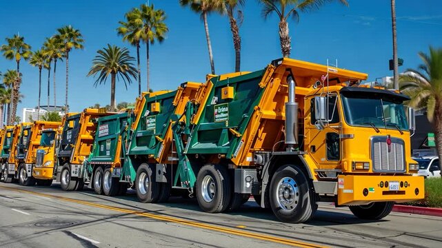 Fleet of Yellow and Green Garbage Trucks Parked on a Sunny Street