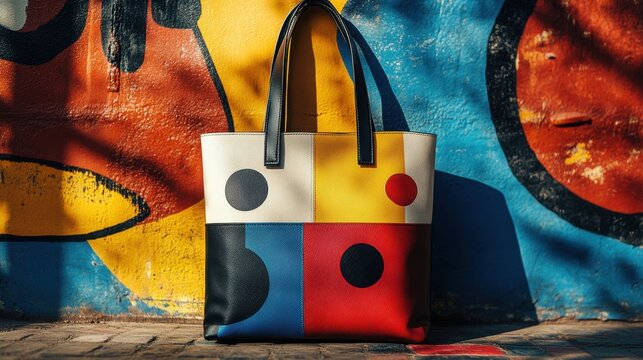 Stylish Geometric Tote Bag Against Colorful Abstract Art Wall Background