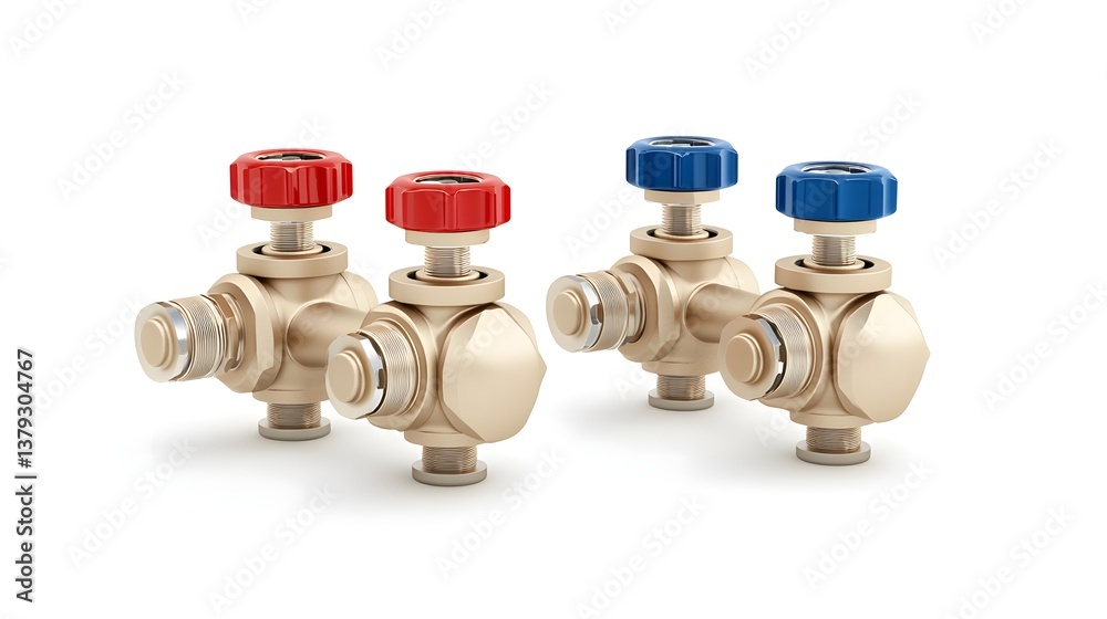 Poster close up of two sets of brass ball valves with red and blue handled control valves isolated on a cle