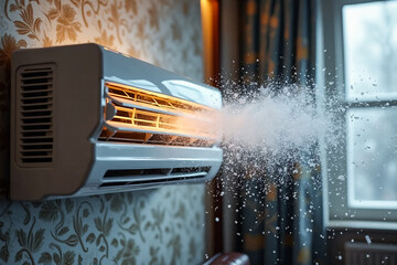 Air conditioner close-up blows snowflakes into room. Home climate control. Cold wind flow concept.